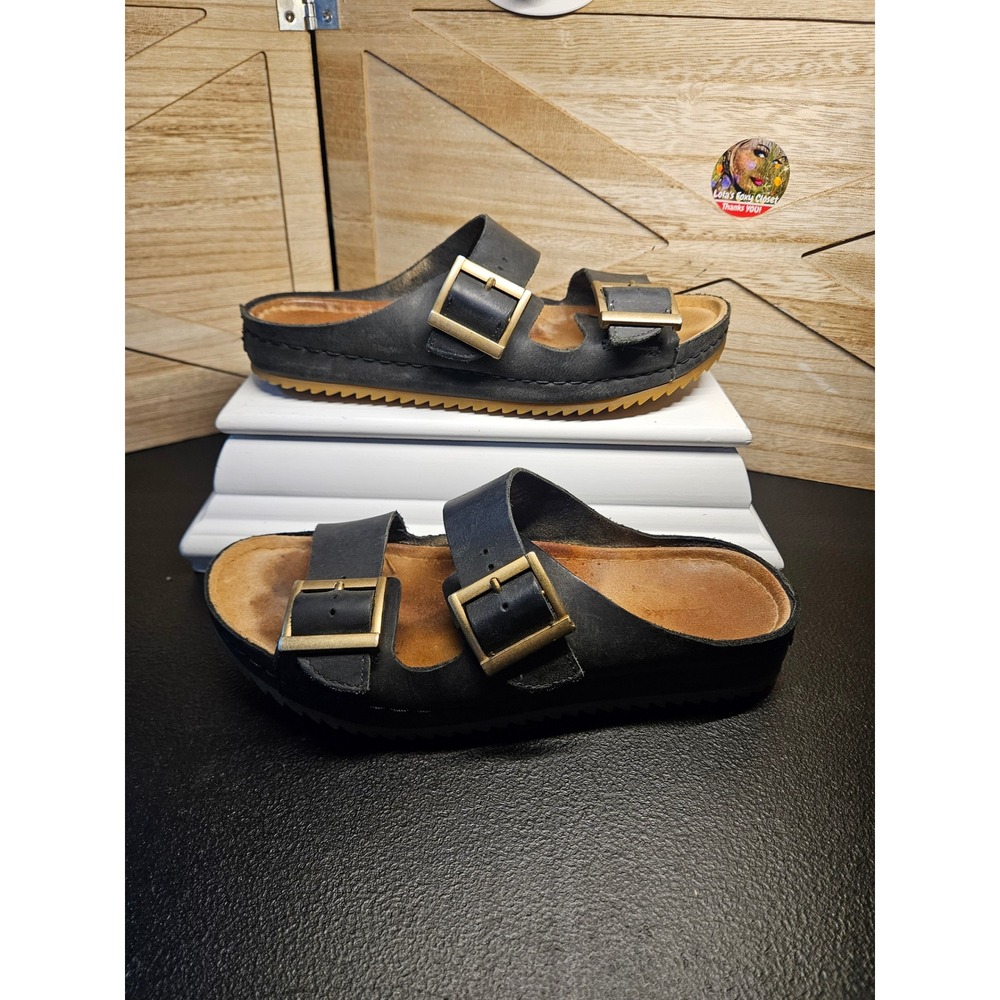 Clarks Sandals Women 8 Black Brinkley Sun Leather Big‎ Buckle Slide #678